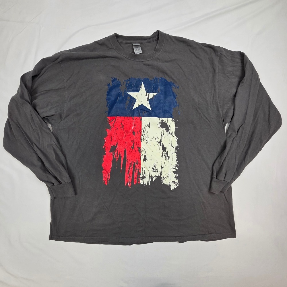 Gildan Mens Texas Flag Long Sleeve T-Shirt 2XL Gray Distressed Graphic Tee